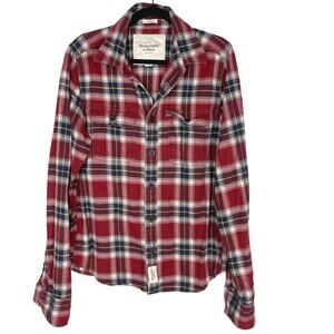 Abercrombie & Fitch Mens Large L Red Blue Plaid Flannel Button Down Shirt Cotton